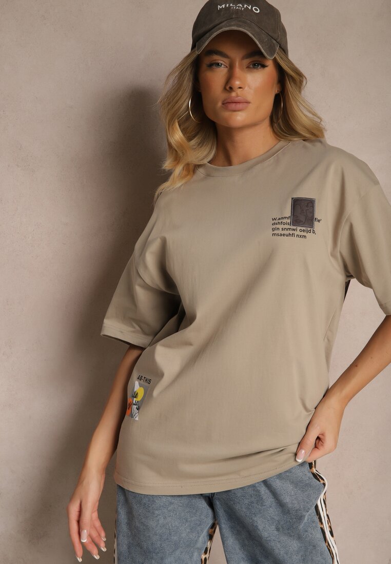 Beżowa T-shirt Koszulka   Bawełniana z Nadrukiem Berriana