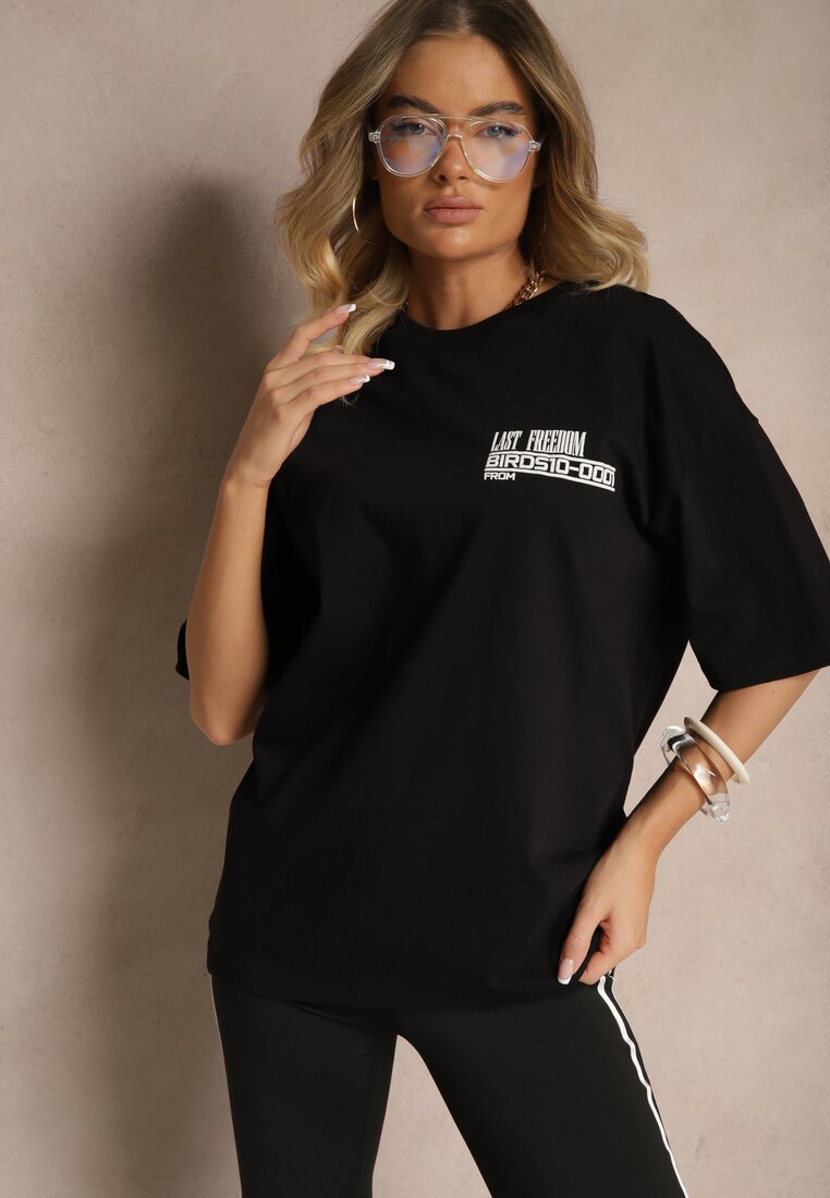 Czarna Koszulka T-shirt Ozdobiona Nadrukiem na Plecach Arilora