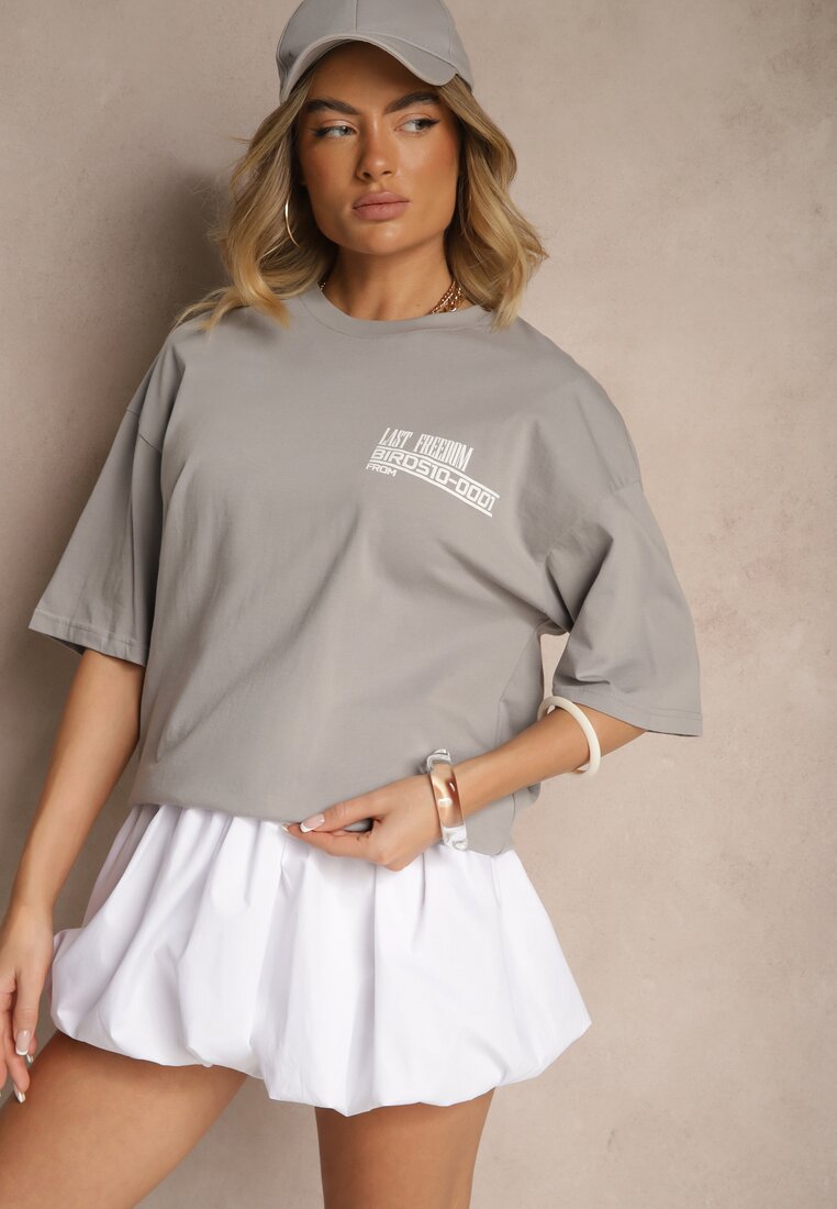 Szara Koszulka T-shirt Ozdobiona Nadrukiem na Plecach Arilora