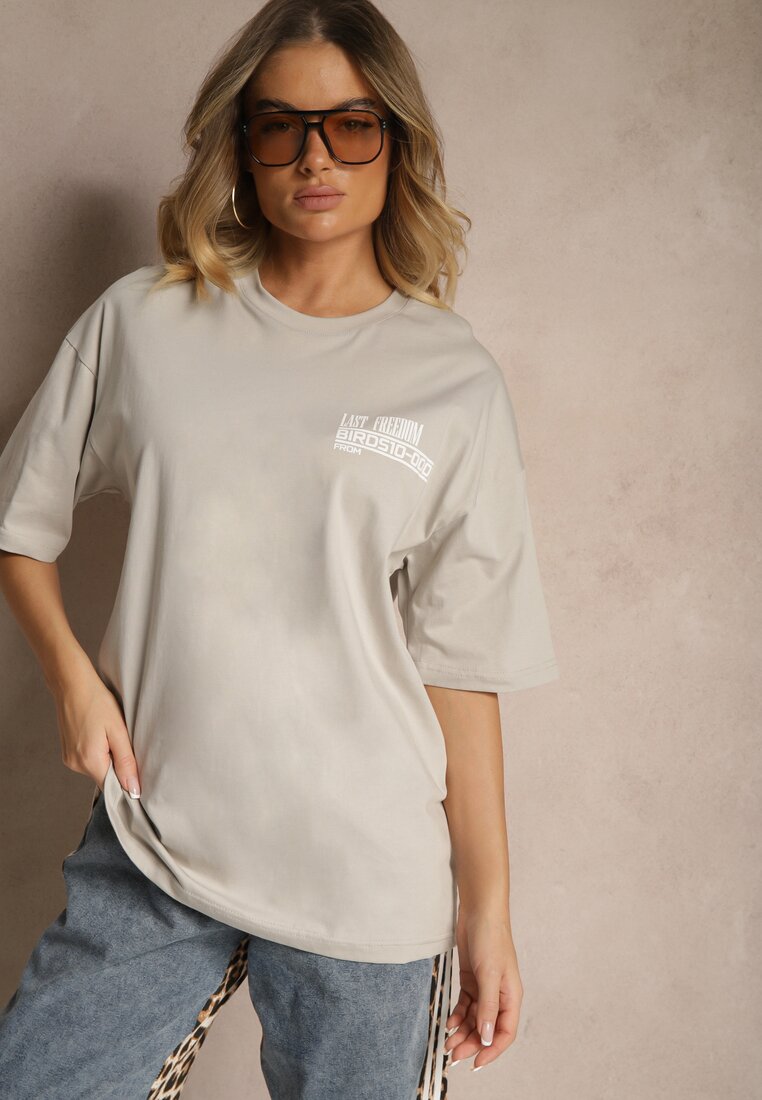 Beżowa Koszulka T-shirt Ozdobiona Nadrukiem na Plecach Arilora