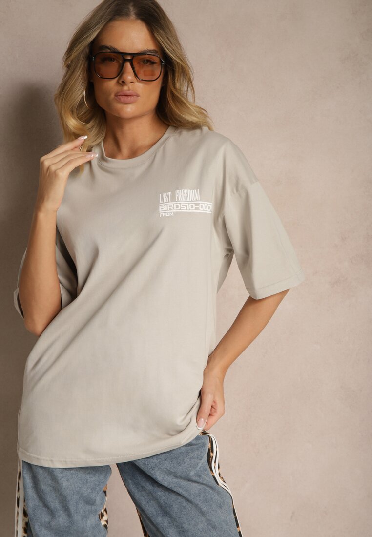Beżowa Koszulka T-shirt Ozdobiona Nadrukiem na Plecach Arilora