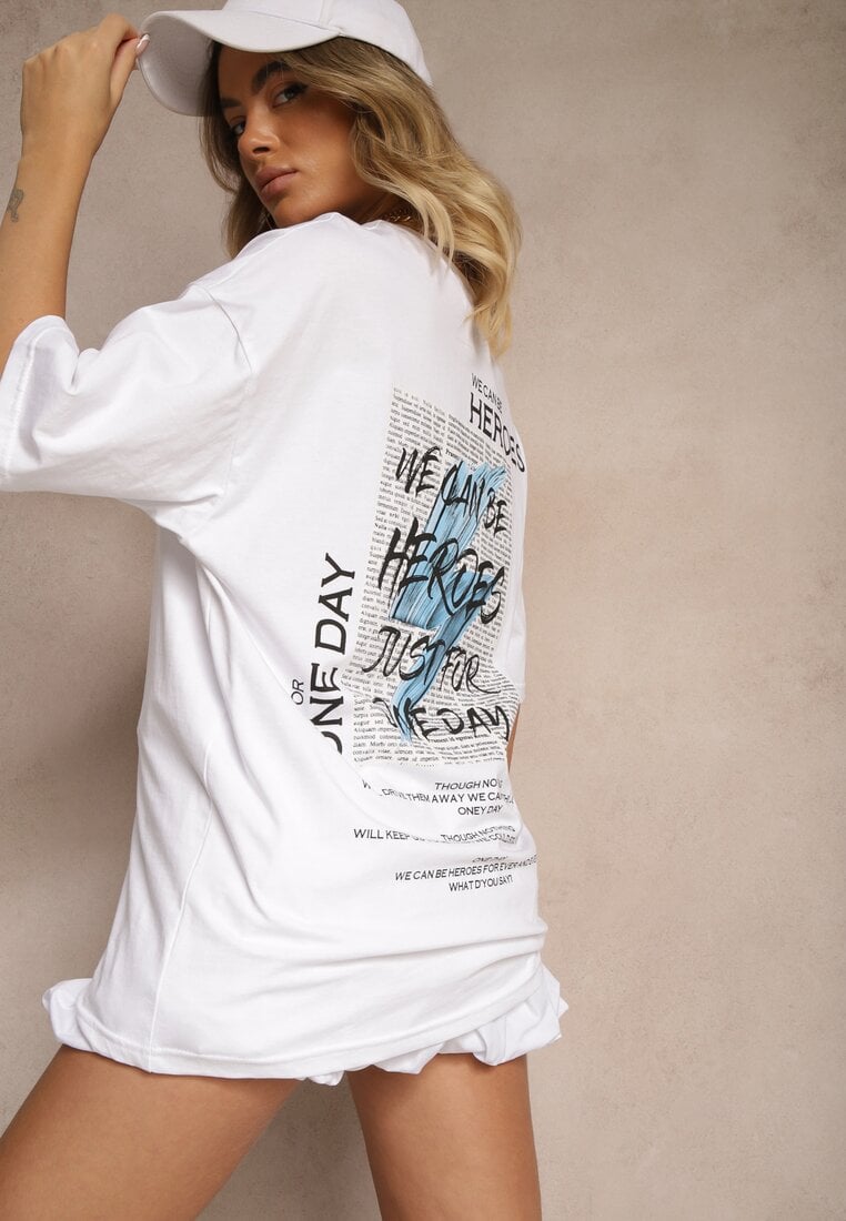 Biała Bawełniana  Koszulka T-shirt z Nadrukiem na Tyle i Napisami Danilaria