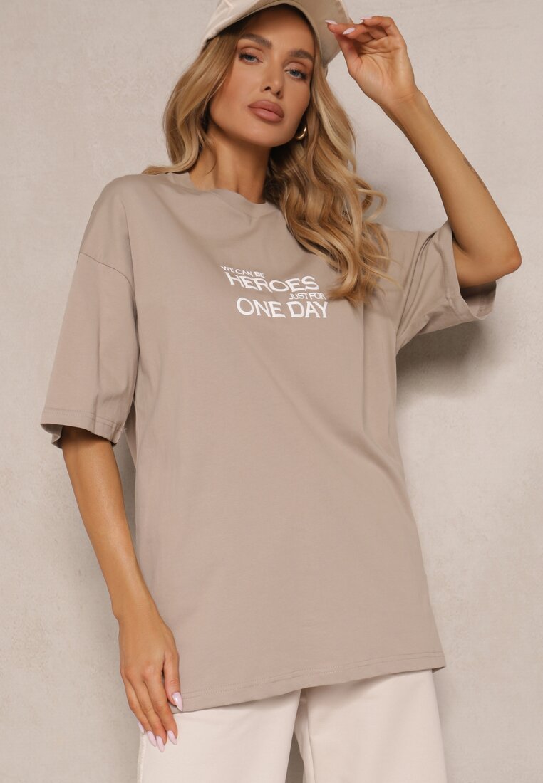 Beżowa Bawełniana  Koszulka T-shirt z Nadrukiem na Tyle i Napisami Danilaria