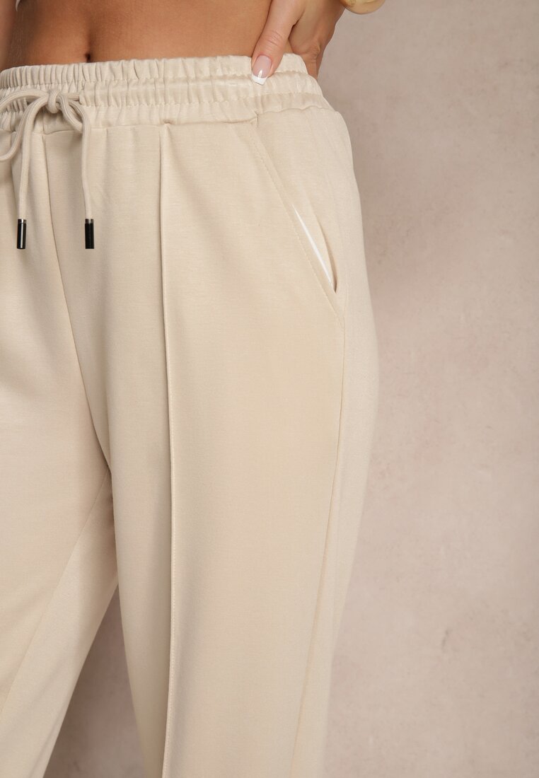 Beżowe Szerokie Spodnie Dresowe z Wiskozą High Waist Setariona