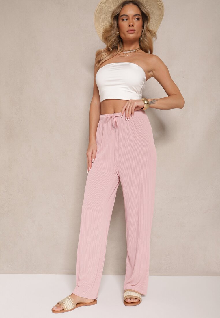 Różowe Spodnie o Szerokim Kroju High Waist Ozdobione Sznurkami Harisna
