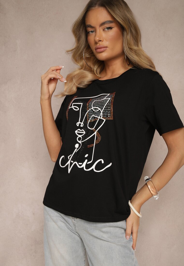 Czarny T-shirt z Bawełny Ozdobiony Cyrkoniami i Nadrukiem Canilea