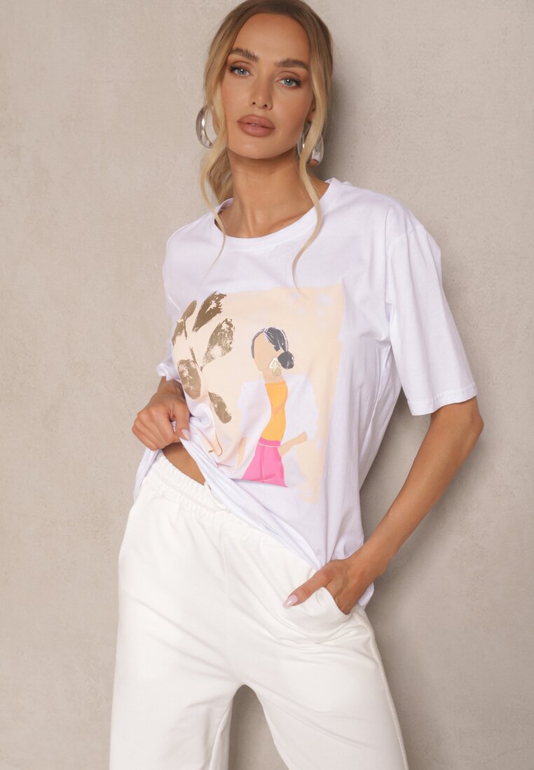 Biały T-shirt Oversize z Bawełny z Ozdobnym Nadrukiem Danilna