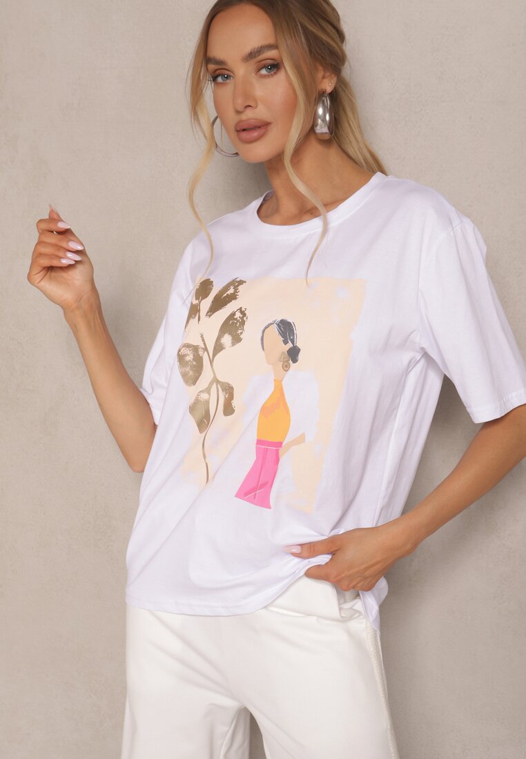 Biały T-shirt Oversize z Bawełny z Ozdobnym Nadrukiem Danilna