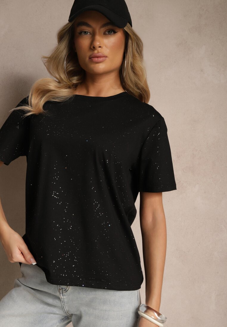 Czarny Brokatowy T-shirt z Bawełny Fitoria