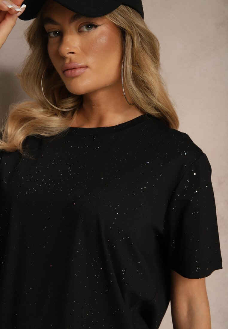 Czarny Brokatowy T-shirt z Bawełny Fitoria