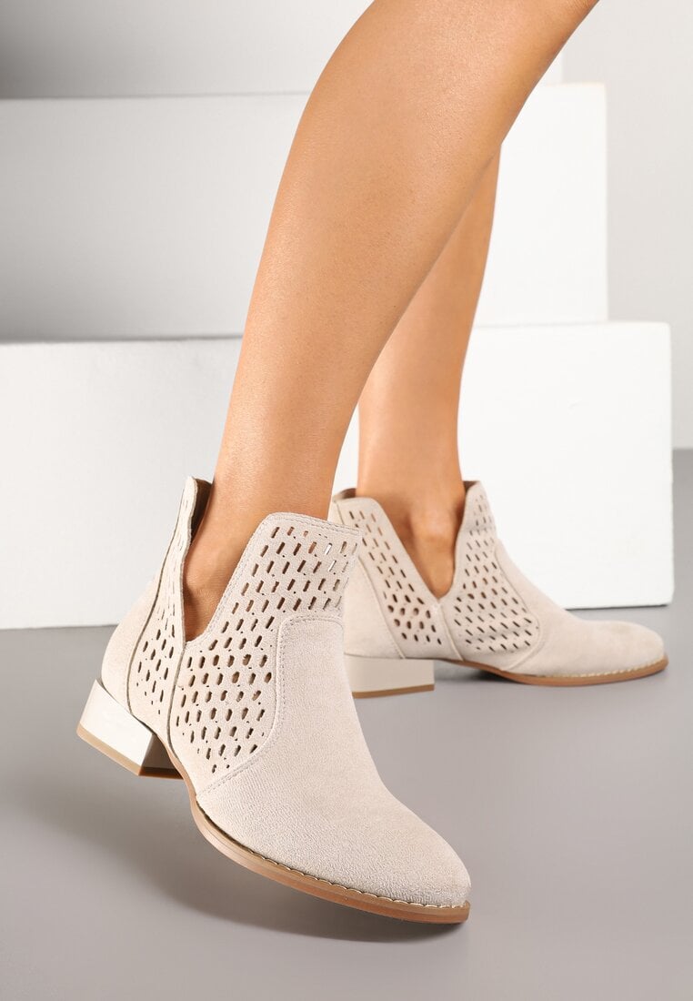 Beżowe Botki z Ażurowymi Wycięciami i Skórzaną Wkładką Efamalia