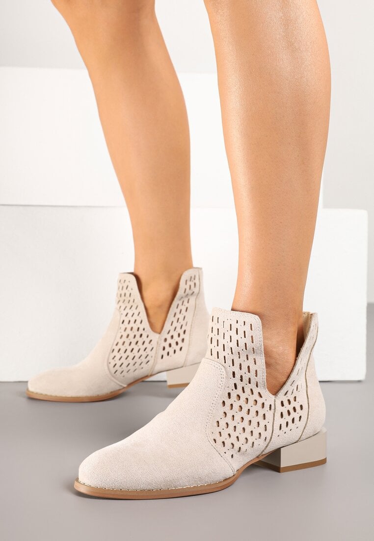 Beżowe Botki z Ażurowymi Wycięciami i Skórzaną Wkładką Efamalia