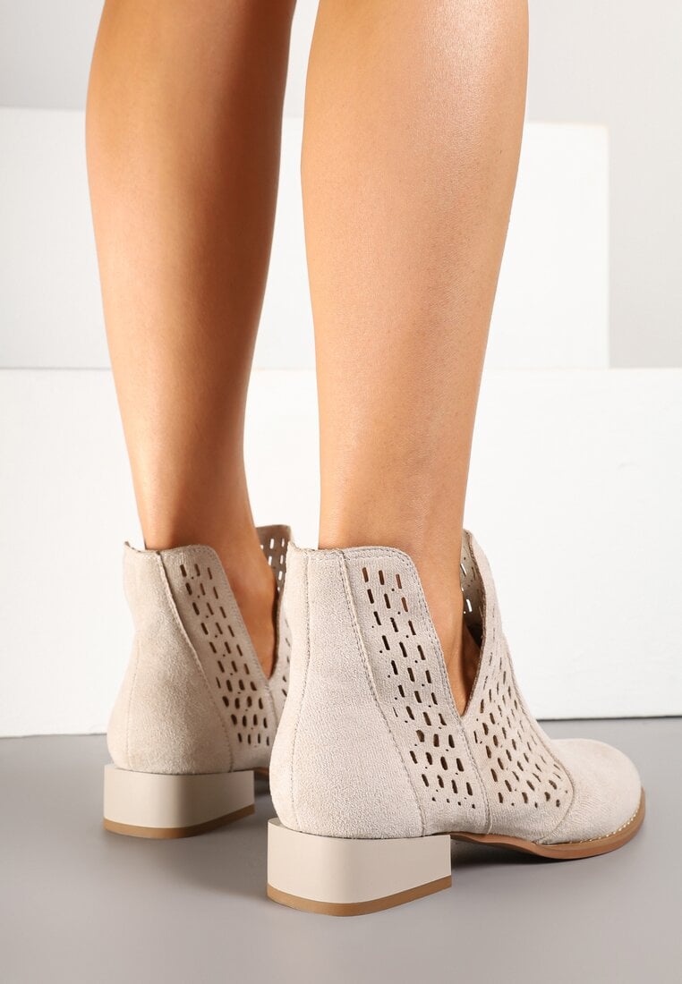 Beżowe Botki z Ażurowymi Wycięciami i Skórzaną Wkładką Efamalia