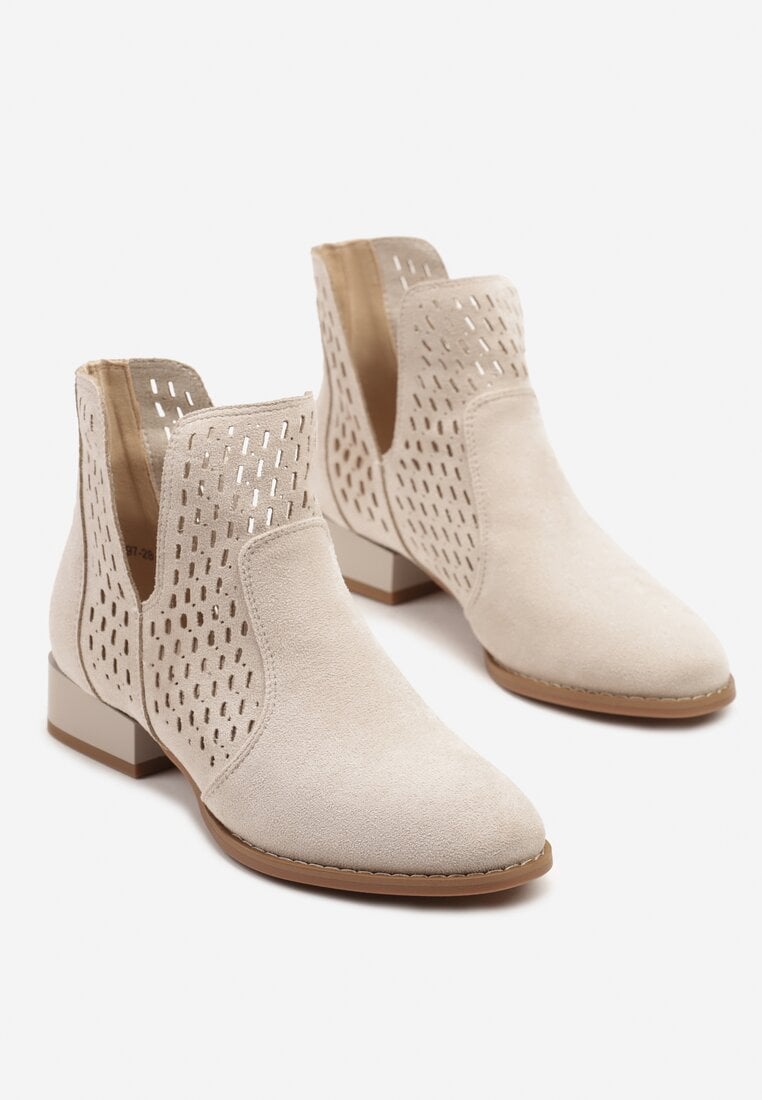 Beżowe Botki z Ażurowymi Wycięciami i Skórzaną Wkładką Efamalia