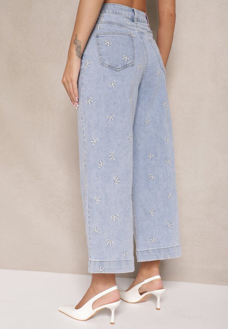 Niebieskie Jeansy z Bawełną i Wiskozą High Waist Ozdobione Haftem Sleffia