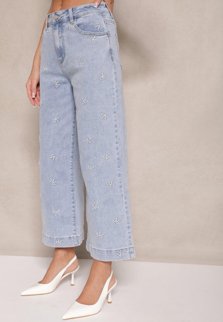 Niebieskie Jeansy z Bawełną i Wiskozą High Waist Ozdobione Haftem Sleffia