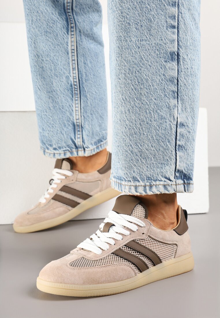 Beżowo-Brązowe Sneakersy w Stylu Tenisówek ze Skóry Naturalnej z Paskami Ilimrela