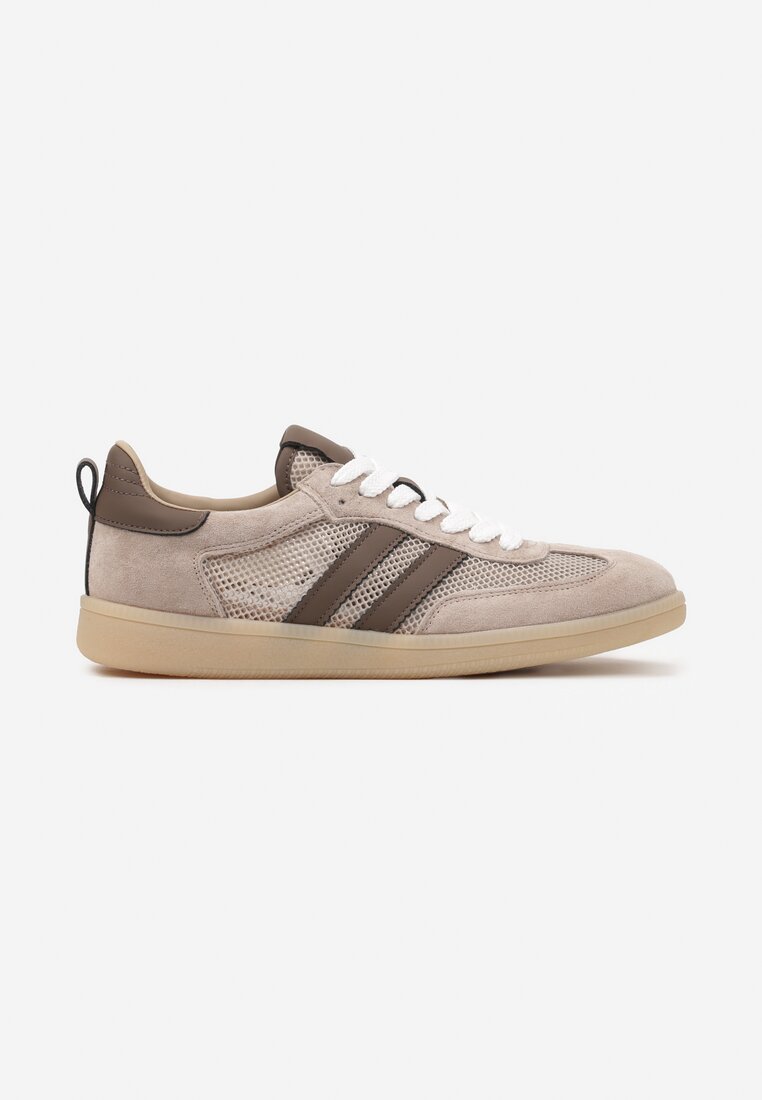 Beżowo-Brązowe Sneakersy w Stylu Tenisówek ze Skóry Naturalnej z Paskami Ilimrela