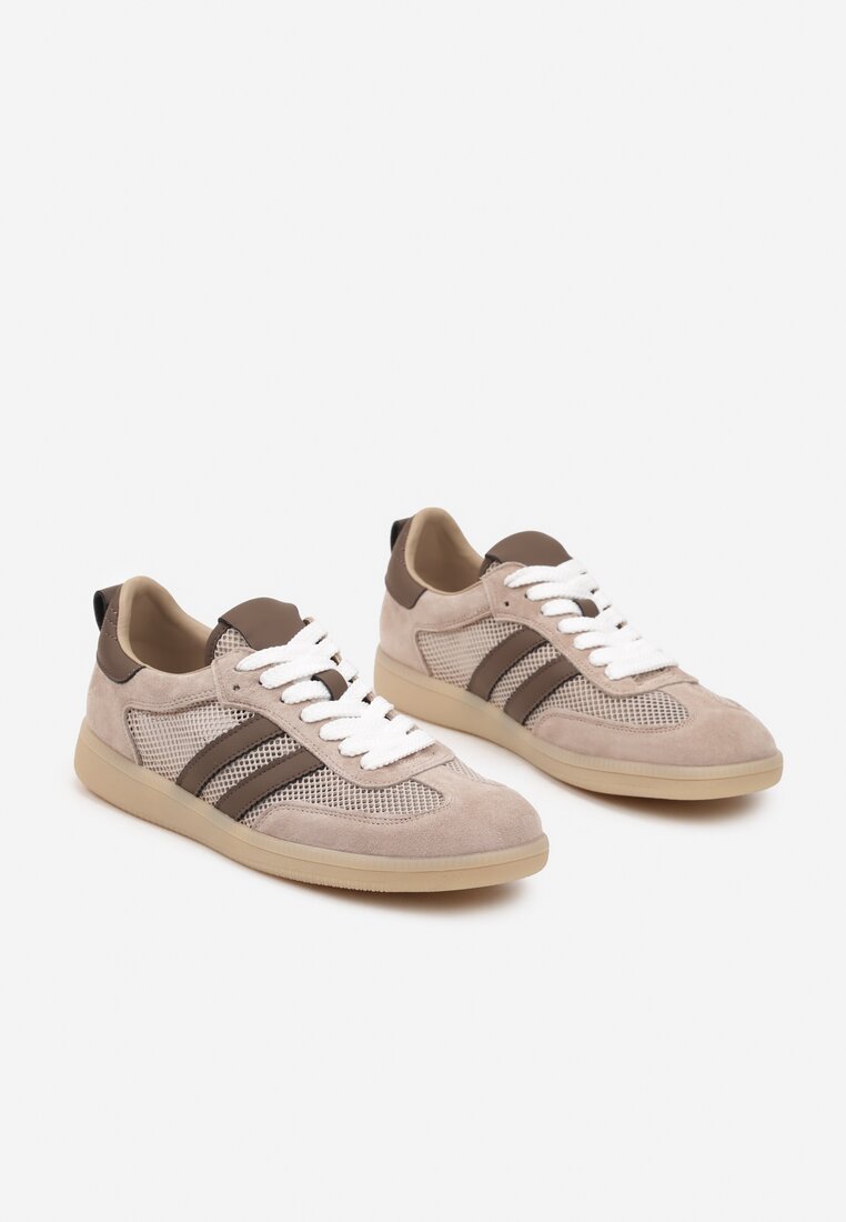 Beżowo-Brązowe Sneakersy w Stylu Tenisówek ze Skóry Naturalnej z Paskami Ilimrela