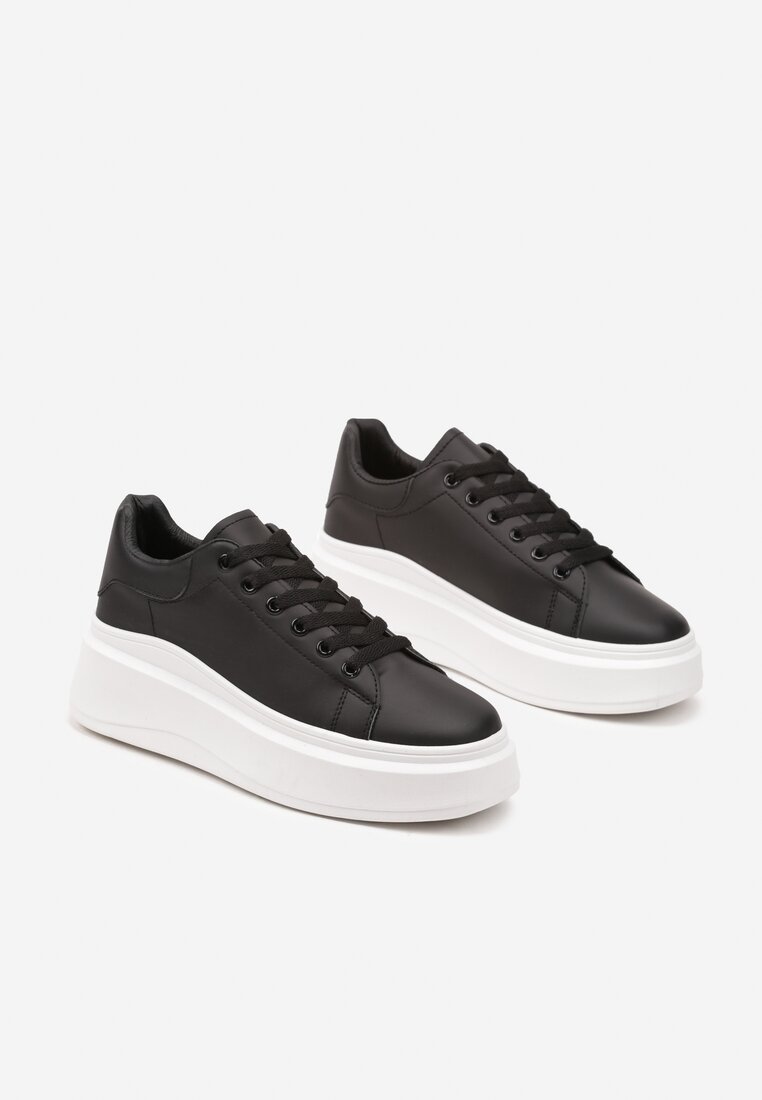 Czarne Sznurowane Sneakersy na Niskiej Platformie z Imitacji Skóry Ajanfa
