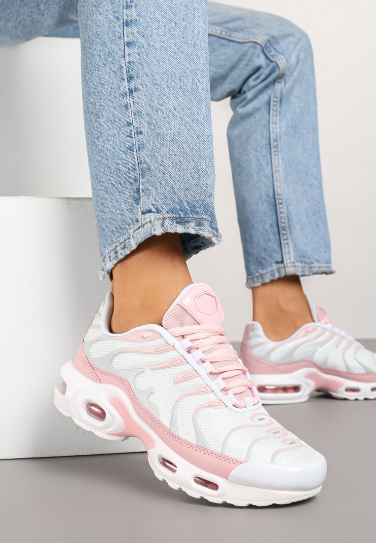 Biało-Różowe Buty Sportowe Sneakersy z Geometrycznym Tłoczeniem Vulinea