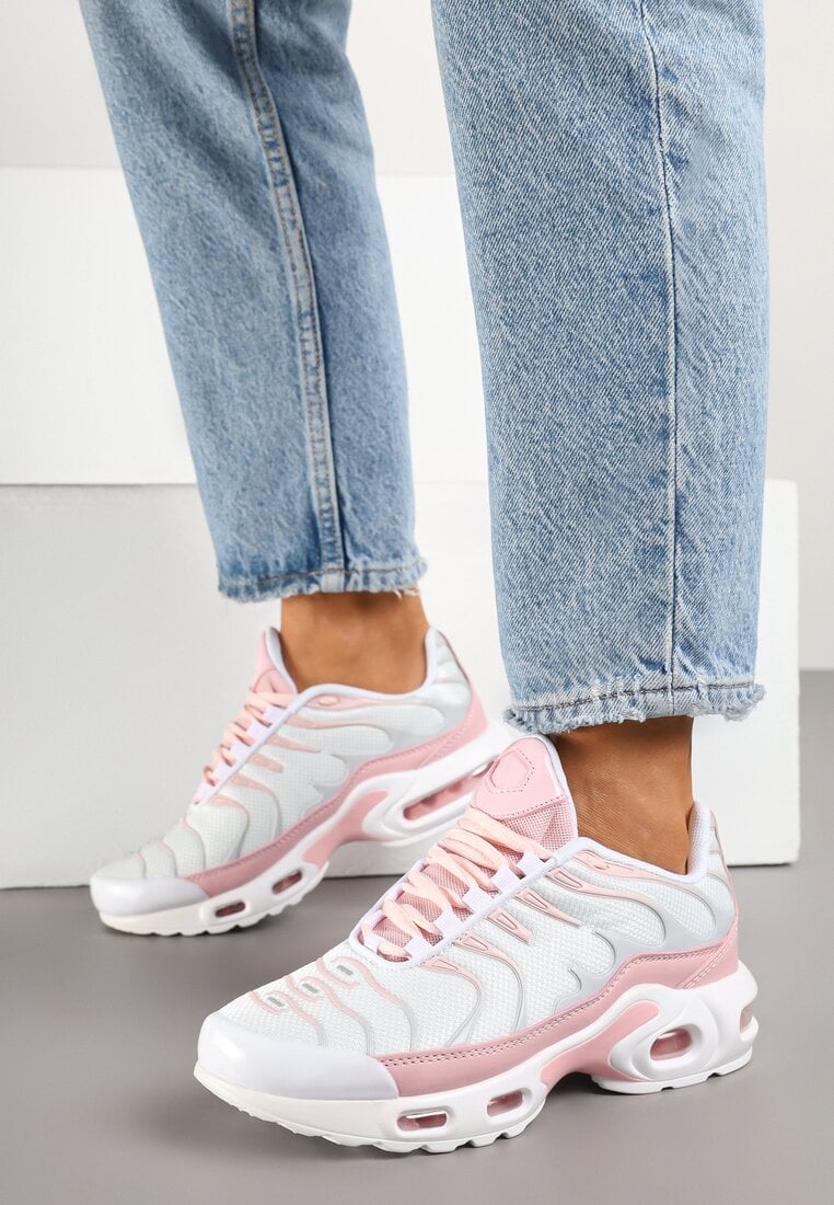 Biało-Różowe Buty Sportowe Sneakersy z Geometrycznym Tłoczeniem Vulinea