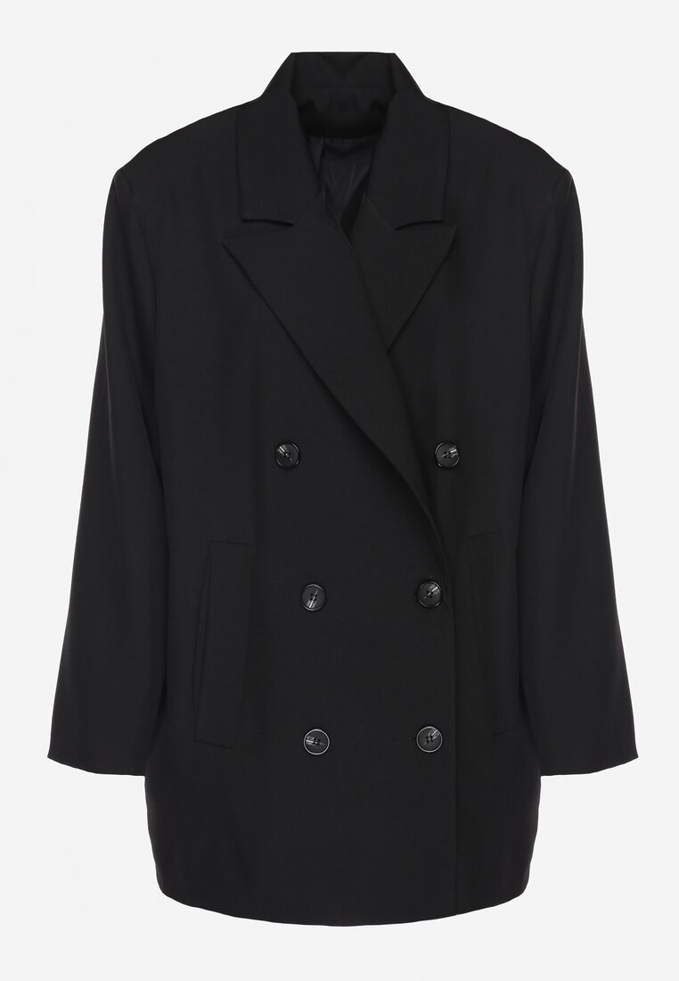 Czarna Marynarka Dwurzędowa o Przedłużonym Fasonie Pilinne