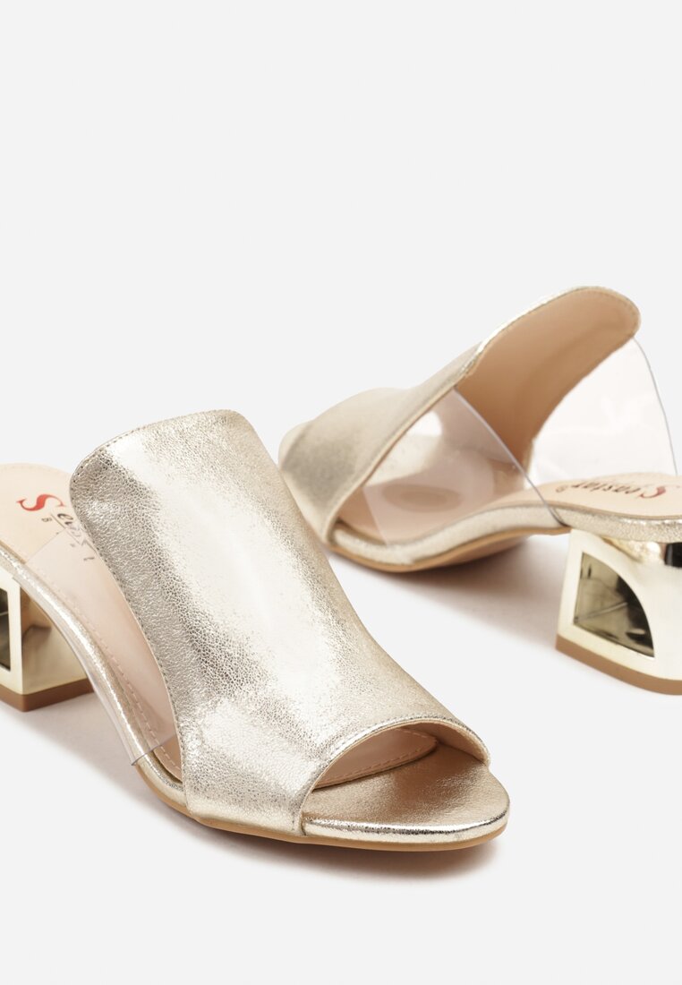 Złote Klapki na Słupku z Wycięciem i Transparentną Cholewką Saniriel