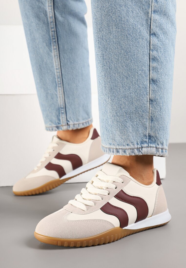 Beżowo-Bordowe Sneakersy Kultowe Tenisówki Zdobione Przeszyciami Welluria