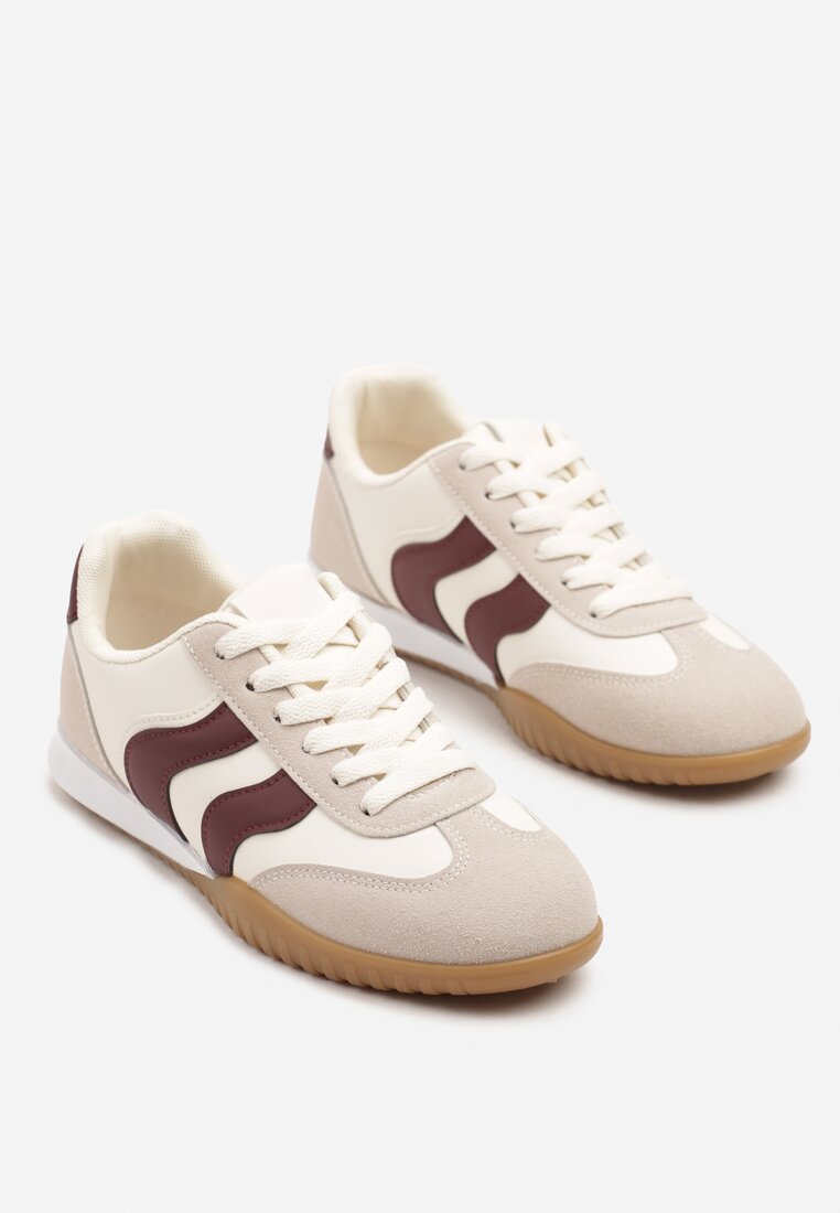 Beżowo-Bordowe Sneakersy Kultowe Tenisówki Zdobione Przeszyciami Welluria