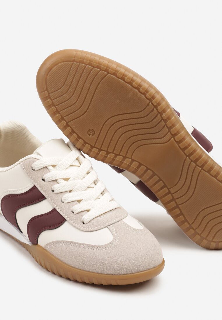 Beżowo-Bordowe Sneakersy Kultowe Tenisówki Zdobione Przeszyciami Welluria