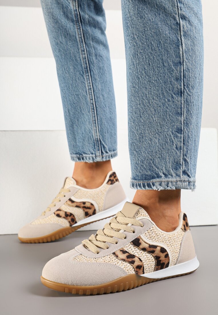 Ciemnobeżowe Panterkowe Sneakersy z Geometrycznym Motywem i Plecionką Laniffia