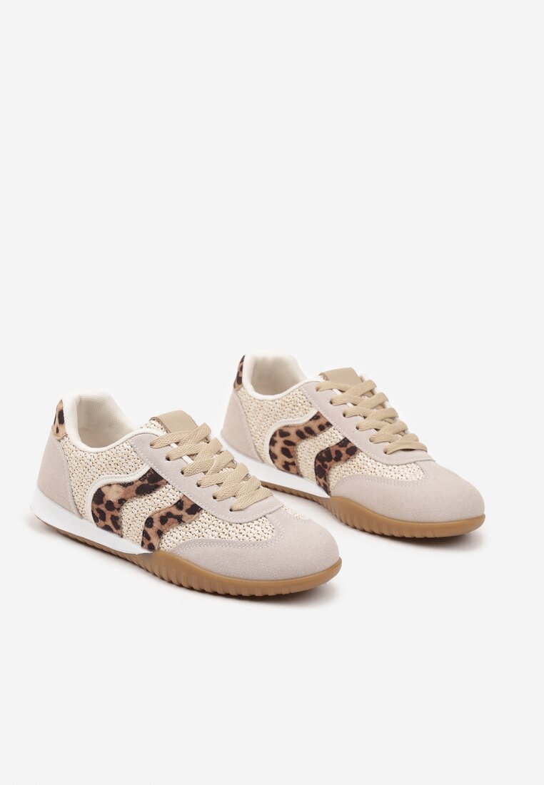 Ciemnobeżowe Panterkowe Sneakersy z Geometrycznym Motywem i Plecionką Laniffia