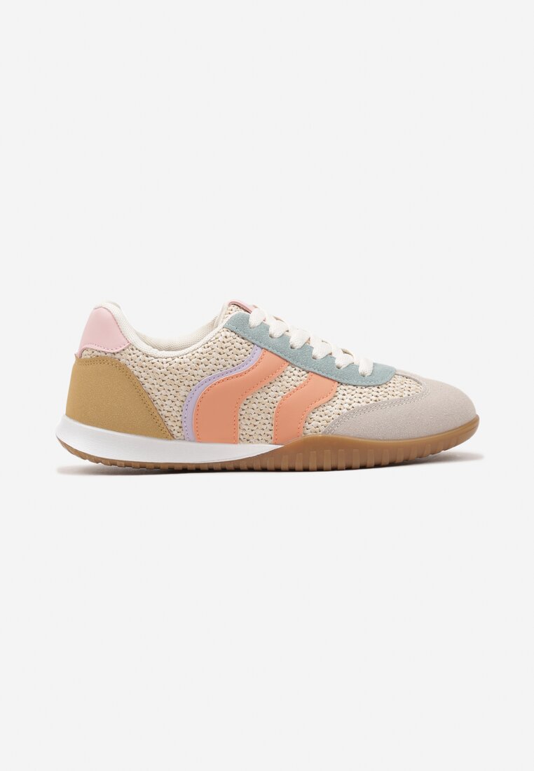 Beżowo-Pomarańczowe Sneakersy z Geometrycznym Motywem i Plecionką Laniffia