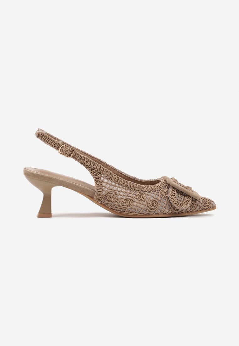 Ciemnobeżowe Sandały na Kaczuszce Typu Slingback Ozdobione Plecionką i Klamrą Elivrella