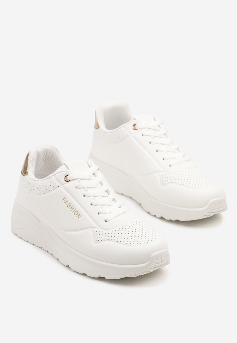Białe Buty Sportowe Sneakersy na Podeszwie z Tłoczeniami Zdobione Metaliczną Wstawką Arulla
