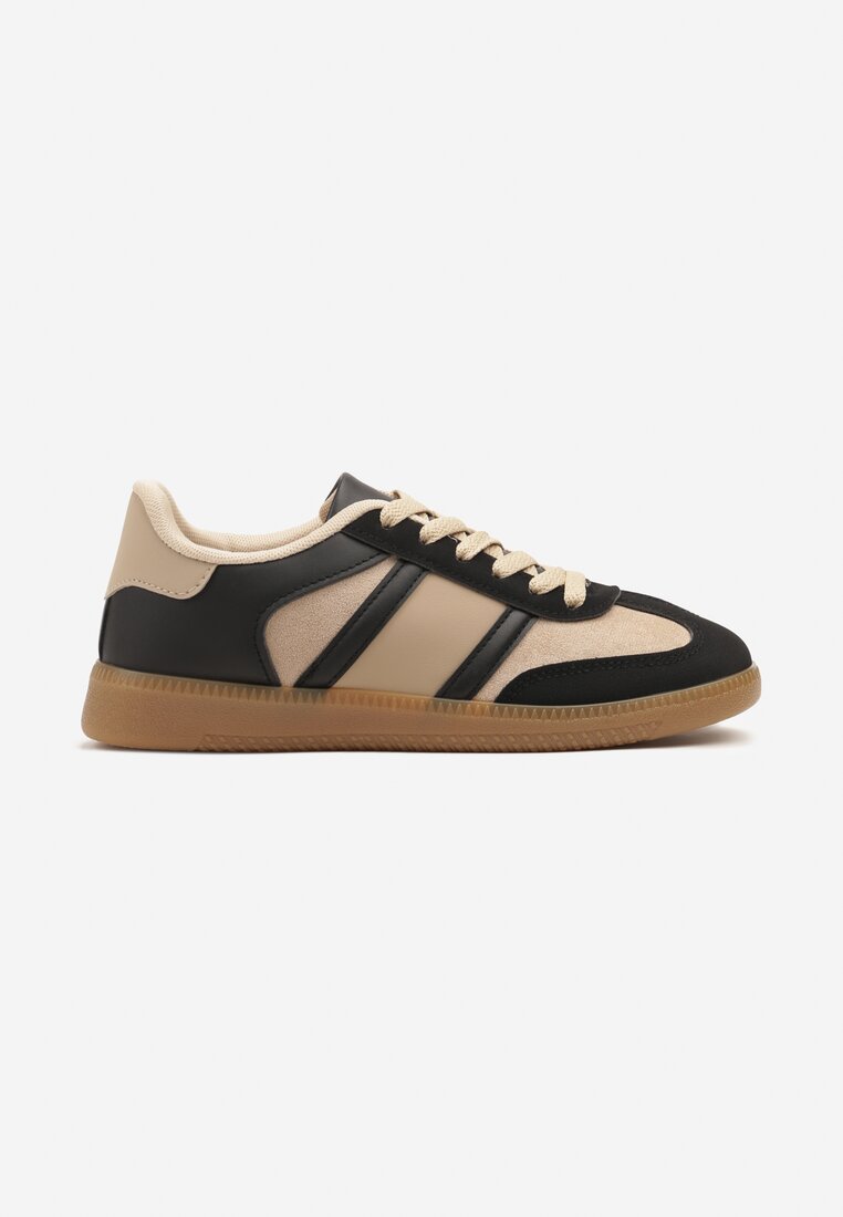 Czarno-Beżowe Sneakersy Sportowe przed Kostkę z Ozdobnymi Paskami Zonevia