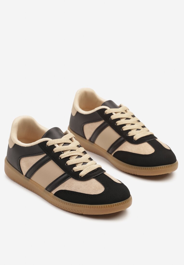 Czarno-Beżowe Sneakersy Sportowe przed Kostkę z Ozdobnymi Paskami Zonevia