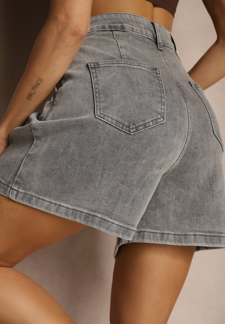 Szare Szorty Jeansowe High Waist Zdobione Zakładkami Talineira