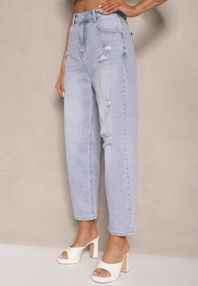 Jasnoniebieskie Jeansy Boyfriend High Waist Zdobione Przetarciami Neniffia