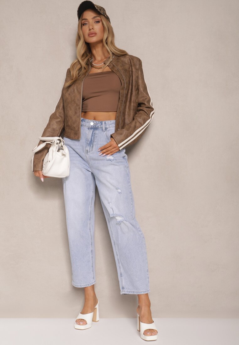 Jasnoniebieskie Jeansy Boyfriend High Waist Zdobione Przetarciami Neniffia