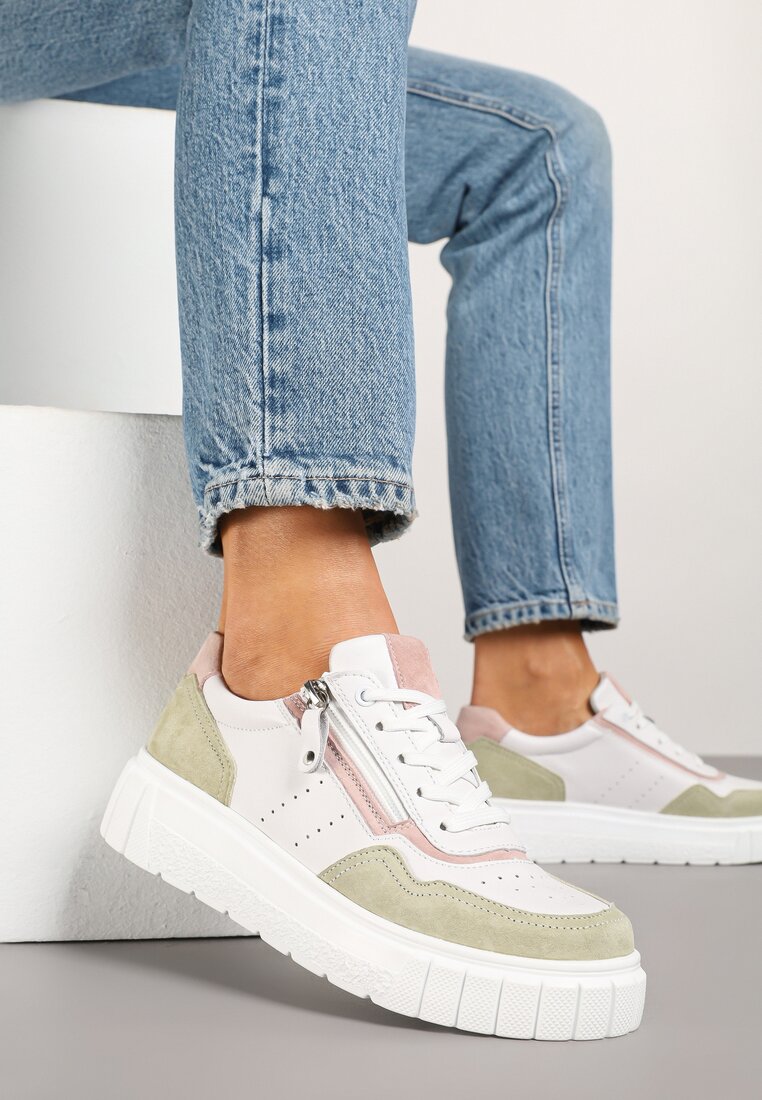 Biało-Zielone Streetwearowe Sneakersy ze Skóry Naturalnej z Ozdobnym Suwakiem Eleavenna
