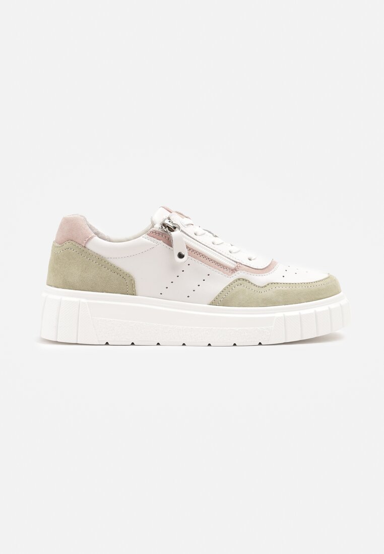 Biało-Zielone Streetwearowe Sneakersy ze Skóry Naturalnej z Ozdobnym Suwakiem Eleavenna