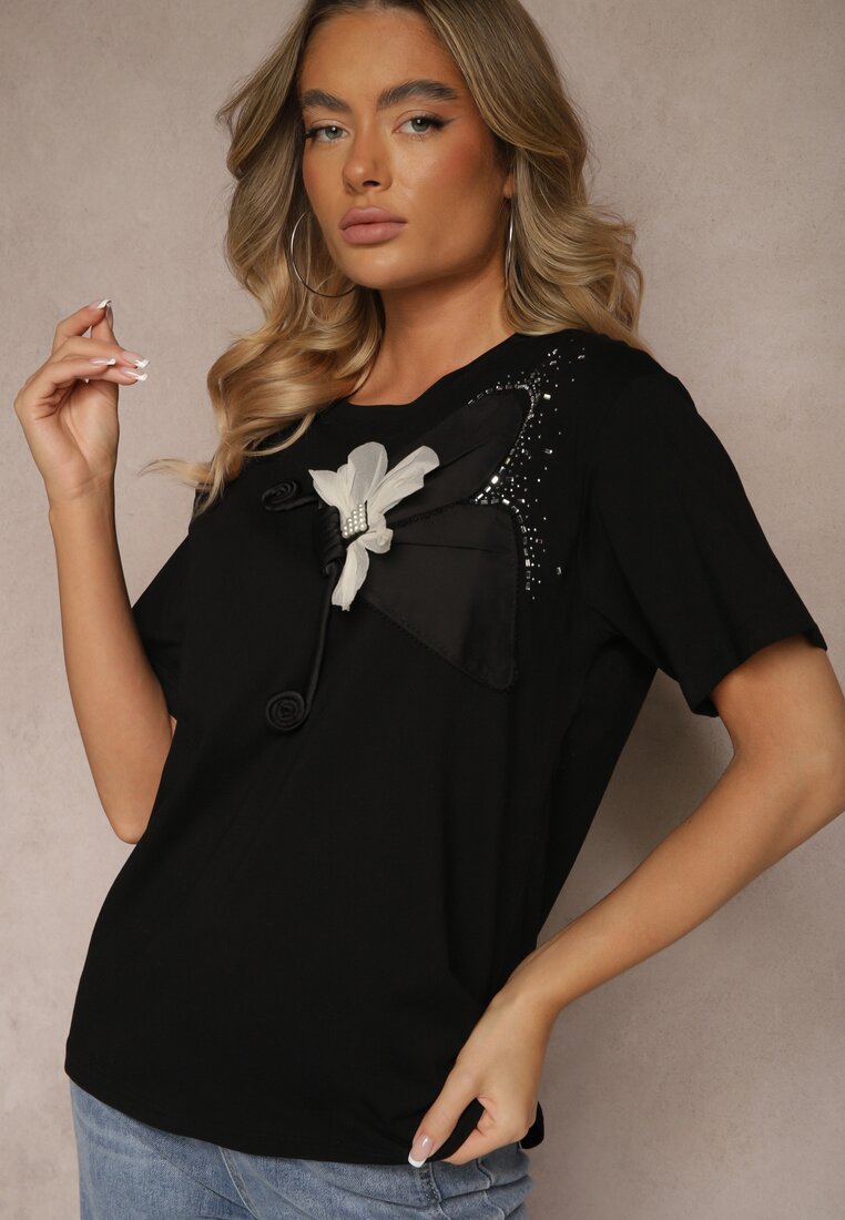 Czarny T-shirt z Bawełny Ozdobiony Perełkami Cyrkoniami i Aplikacją 3D Sanastris