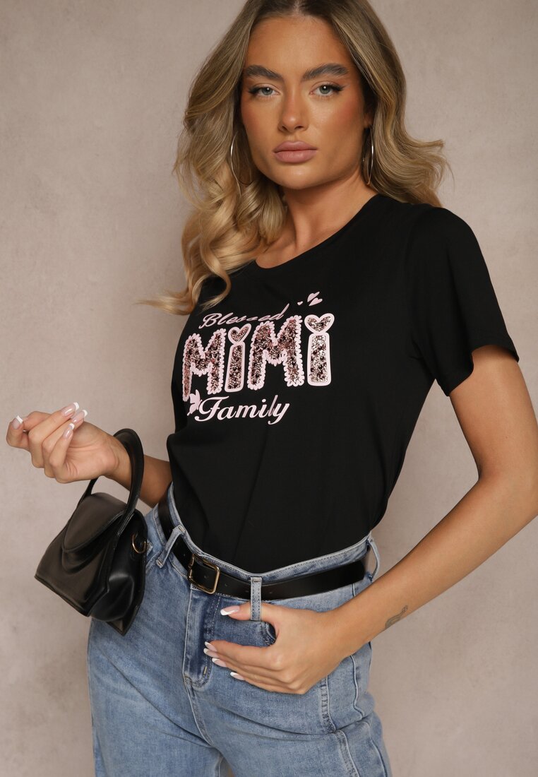 Czarny T-shirt z Bawełny Ozdobione Koralikami Cekinami i Napisem Sanariala