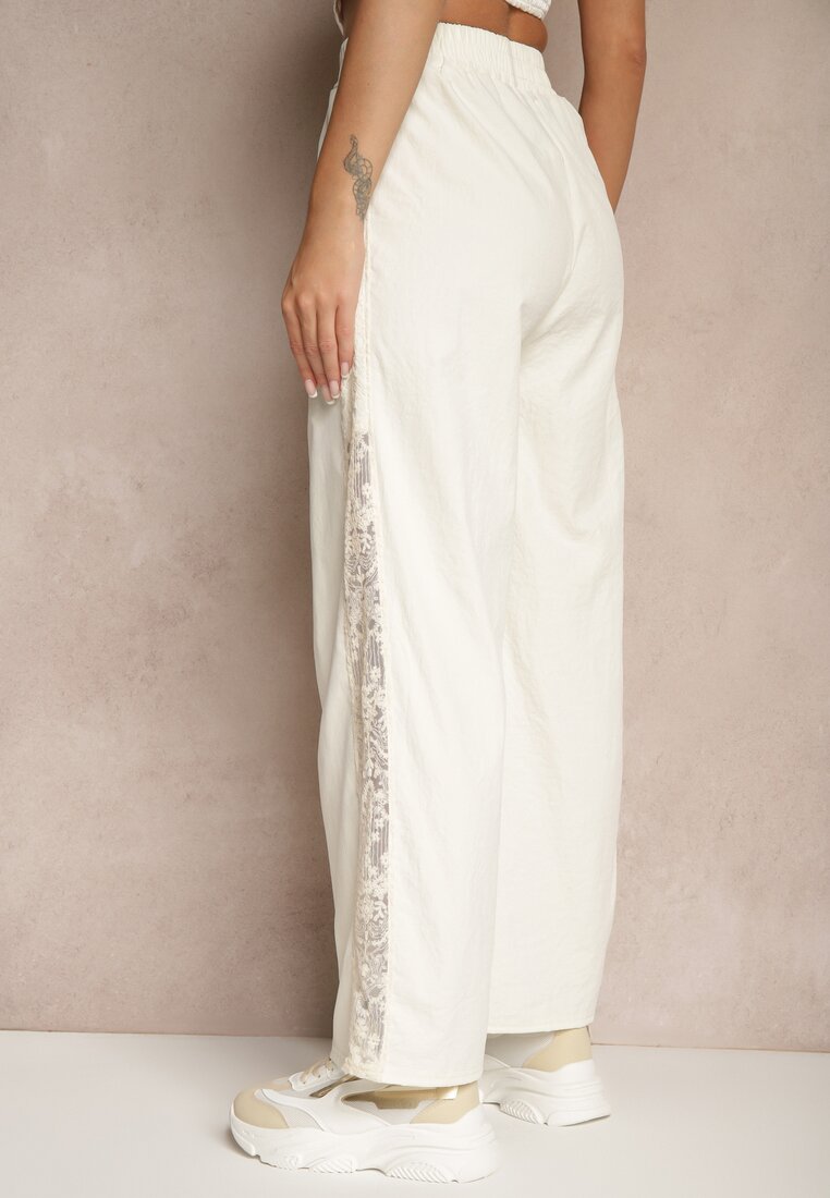 Jasnobeżowe Szerokie Spodnie z Bawełną High Waist Ozdobione Koronką Efandiela