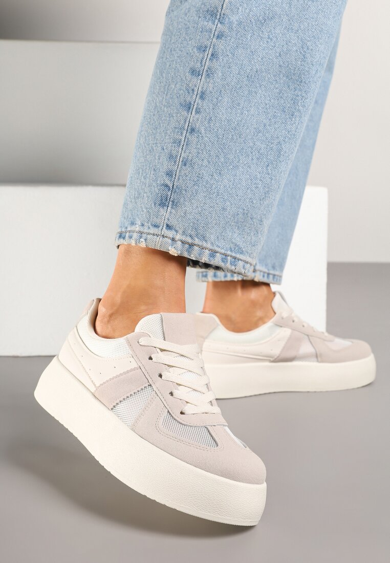 Beżowe Sneakersy Typu Kultowe Tenisówki na Grubej Podeszwie Nanessa