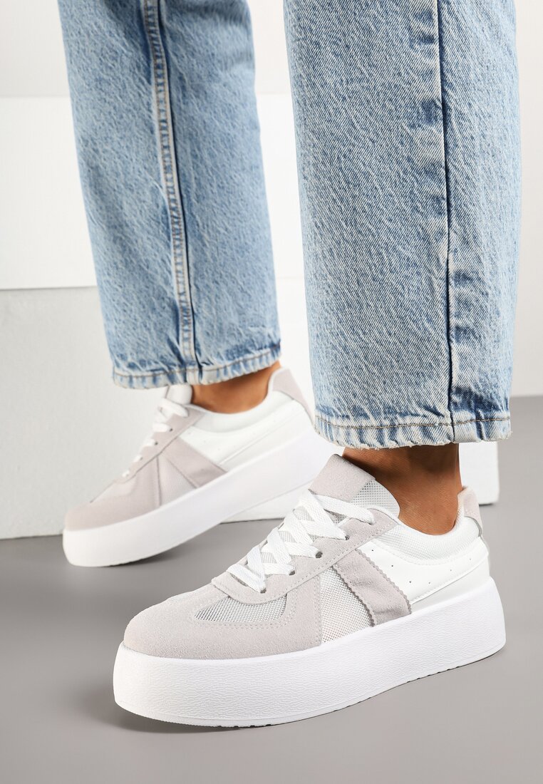 Szaro-Białe Sneakersy Typu Kultowe Tenisówki na Grubej Podeszwie Nanessa