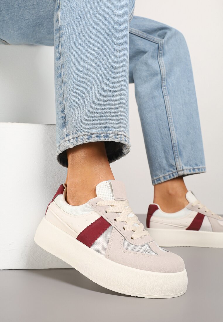 Beżowo-Bordowe Sneakersy Typu Kultowe Tenisówki na Grubej Podeszwie Nanessa