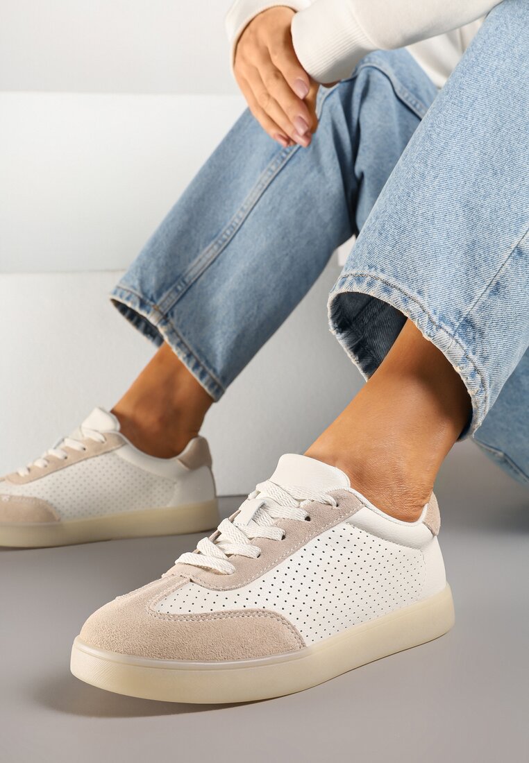 Beżowe Sneakersy Kultowe Tenisówki ze Skóry Naturalnej Borvia